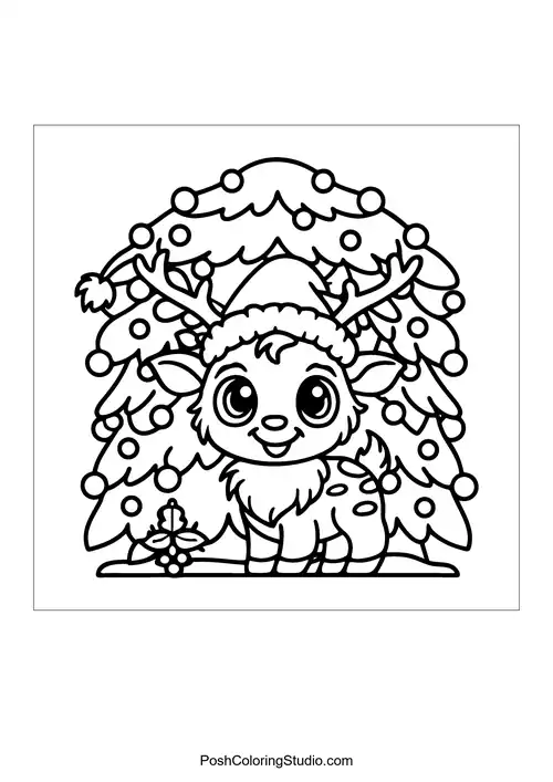 A reindeer with a festive hat and large, expressive eyes.