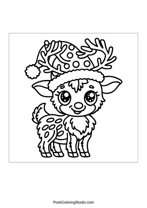 A reindeer standing among decorative foliage and a hat.