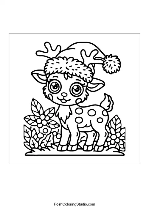A reindeer with a festive hat and holly leaves.
