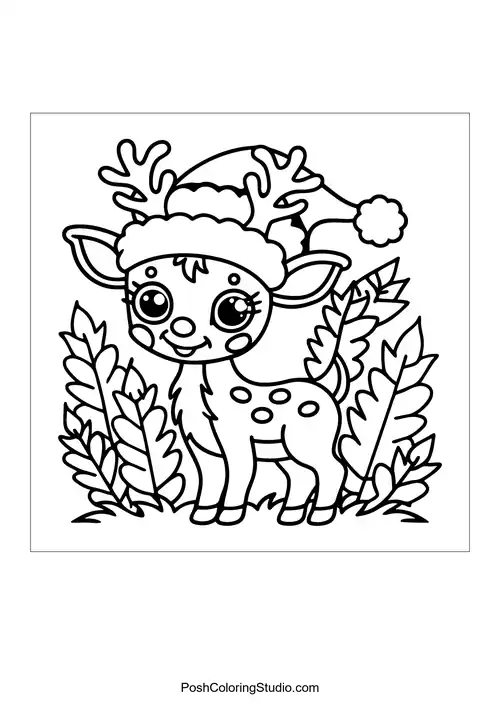 A reindeer with a festive hat surrounded by leaves.