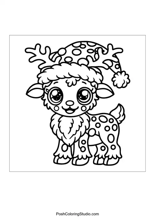 A reindeer with a cozy hat and a joyful expression.