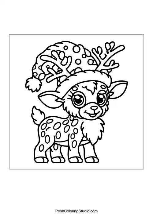 A reindeer wearing a festive hat with a pom-pom.