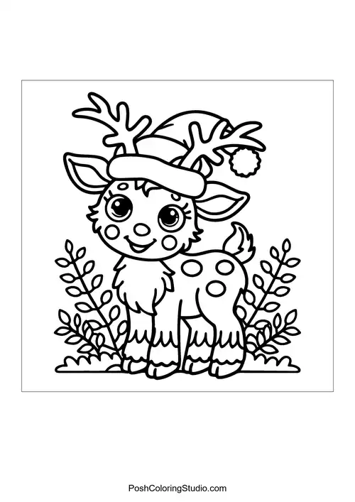 A cheerful reindeer wearing a festive hat with a pom-pom.