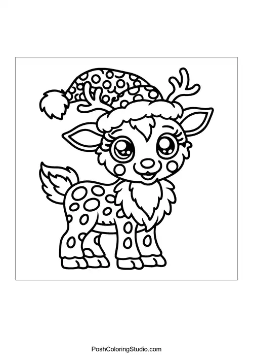 A reindeer with a patterned hat and a fluffy tail.