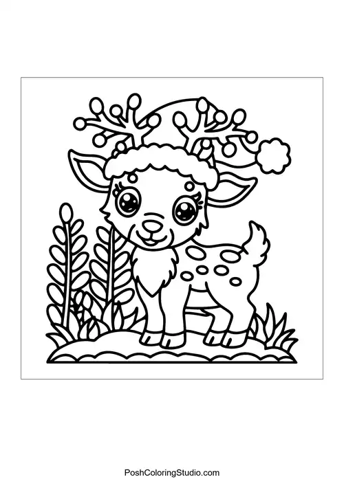 A reindeer with a festive hat surrounded by leafy plants.