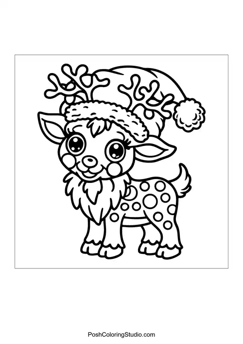 A smiling reindeer with a fluffy beard and antlers.