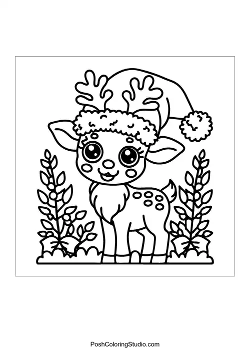 A reindeer in a festive hat standing among snow.