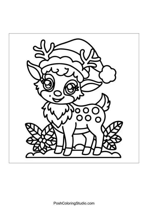 A reindeer with a patterned hat and playful expression.
