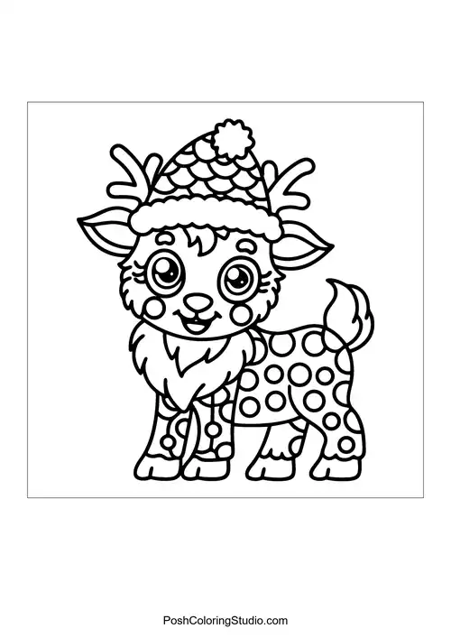 A reindeer wearing a festive hat with a joyful smile.