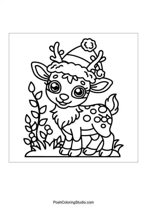 A reindeer with a festive hat and surrounding foliage.