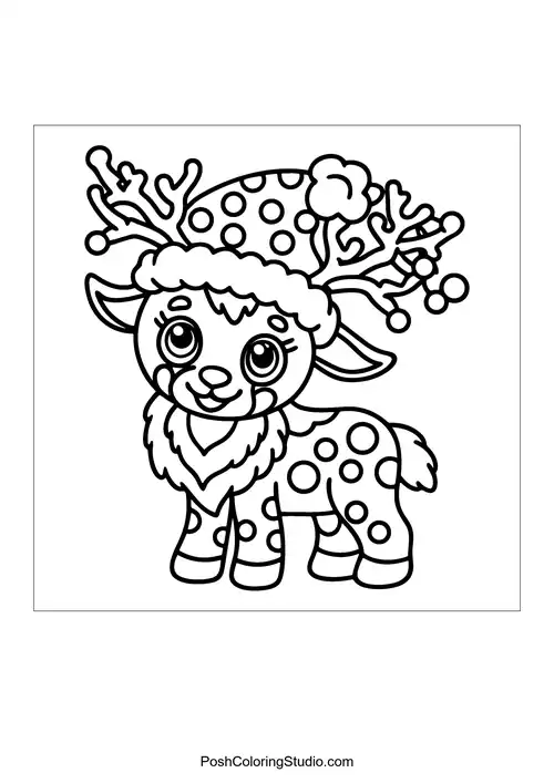 A reindeer with a cheerful expression and decorative hat.