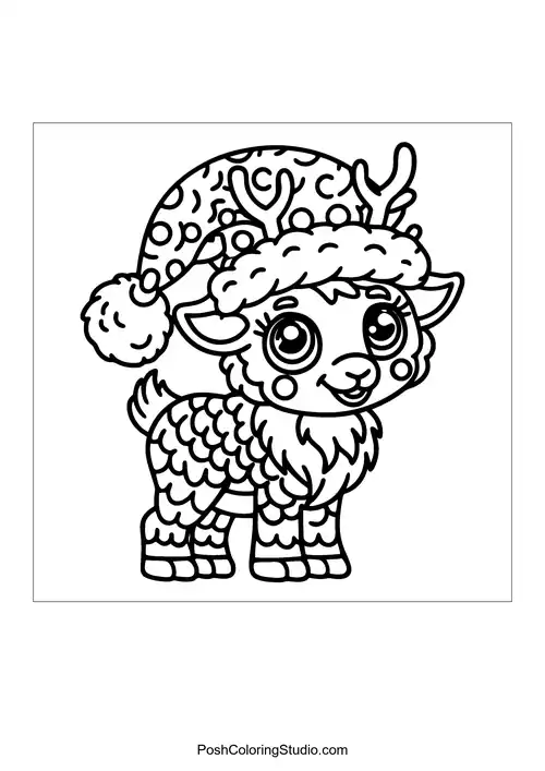 A reindeer with a playful pose and festive hat.