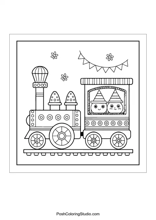 A train with two children wearing hats and flowers around it.