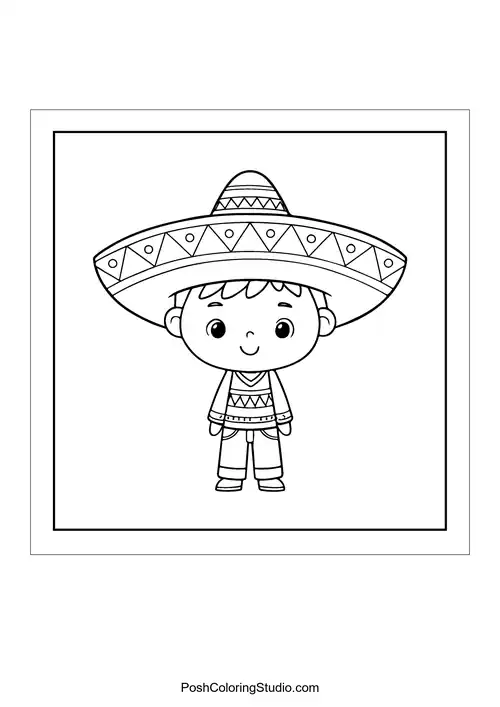 A boy in a sombrero and traditional outfit with patterns.