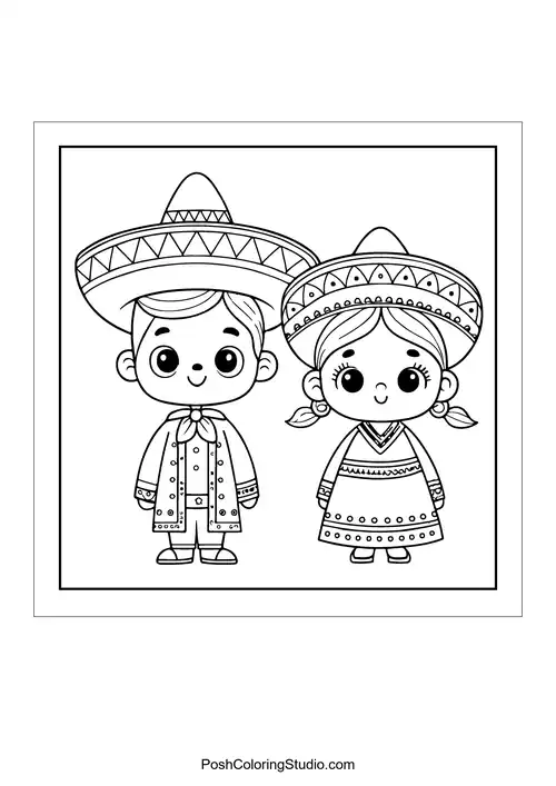 A girl and boy in sombreros with decorative outfits.