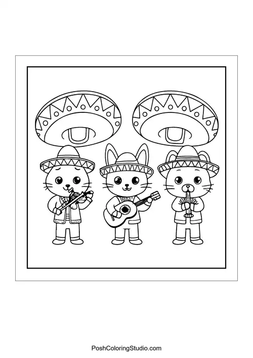 Three musical cats wearing sombreros with instruments.