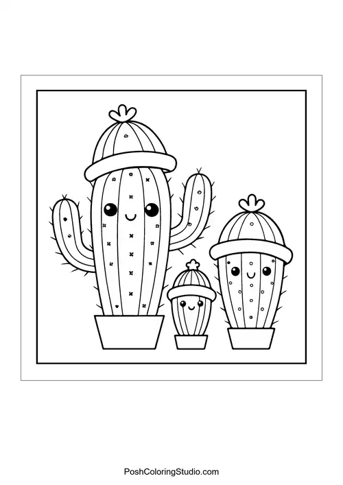 Three smiling cacti in pots with decorative tops.