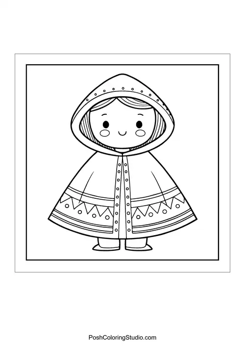 A child in a hooded cloak with decorative patterns.