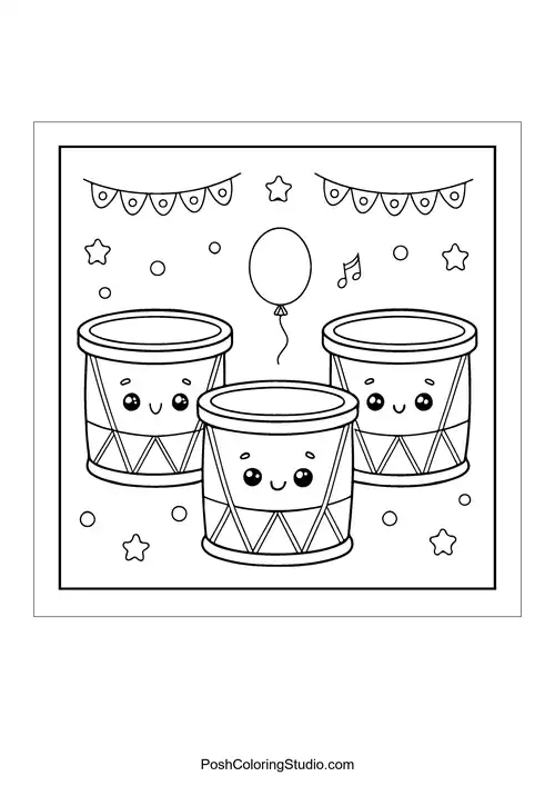 Three happy drums with balloons and musical notes.