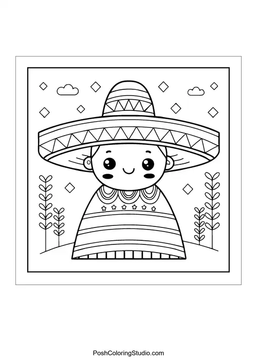 A smiling boy in a sombrero with decorative elements.
