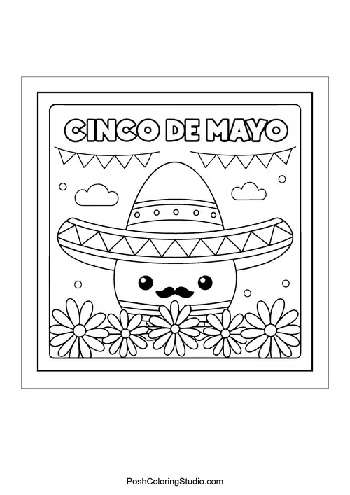 A cute character with a sombrero and flowers in front.