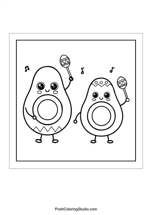 Two avocados holding maracas with cheerful expressions.