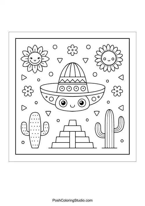 A sombrero with cacti and a pyramid in the background.