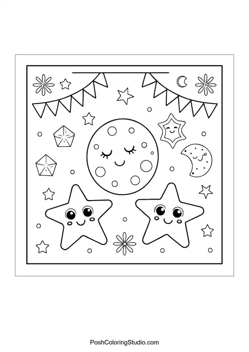 Three children holding hands under a star decoration.