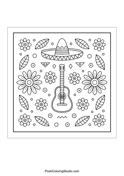 A guitar surrounded by flowers and leaves in a pattern.