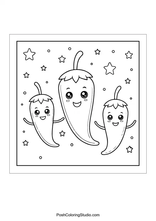 Three smiling chili peppers with arms and faces.