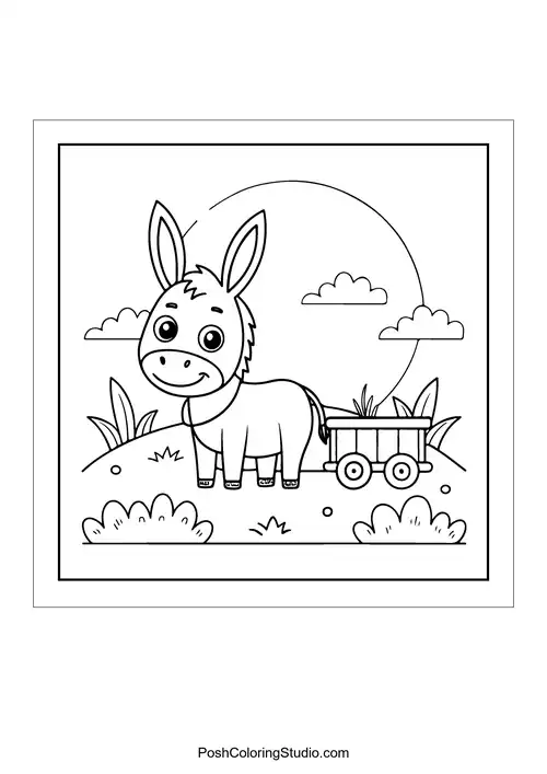 A donkey pulling a cart with a friendly expression.