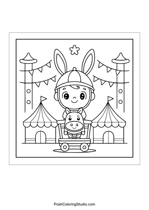 A child riding a donkey in a festive setting.
