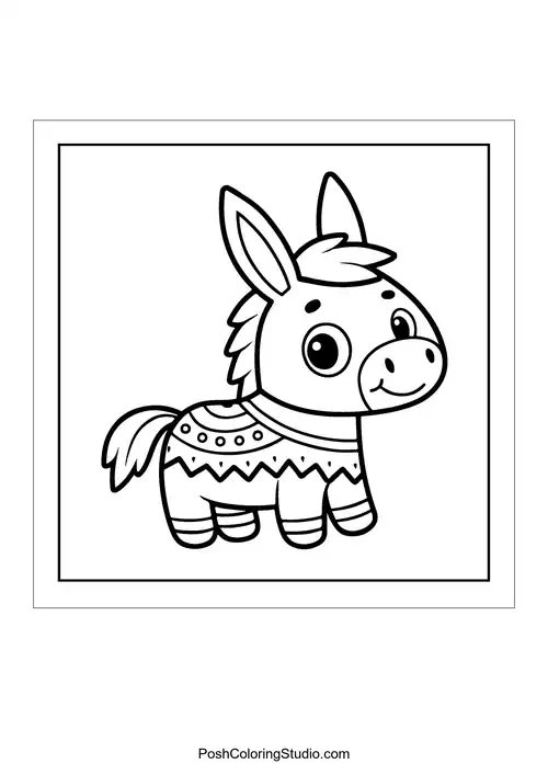 A cute donkey with decorative patterns on its body.