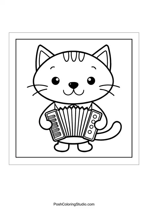 A cat playing an accordion with a happy expression.
