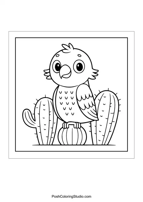 A cute bird perched on a pumpkin surrounded by cacti.