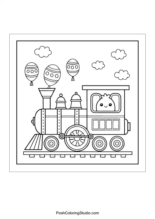 A cheerful train with balloons and clouds in the background.