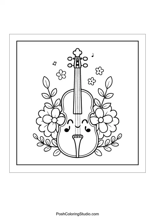 A violin surrounded by flowers and musical notes.