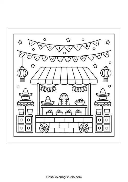 A festive market stall decorated with lanterns and banners.