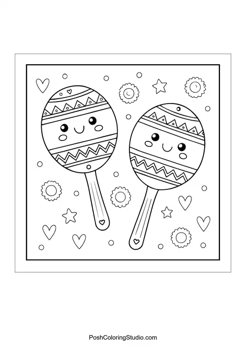 Two maracas with decorative patterns and hearts around them.