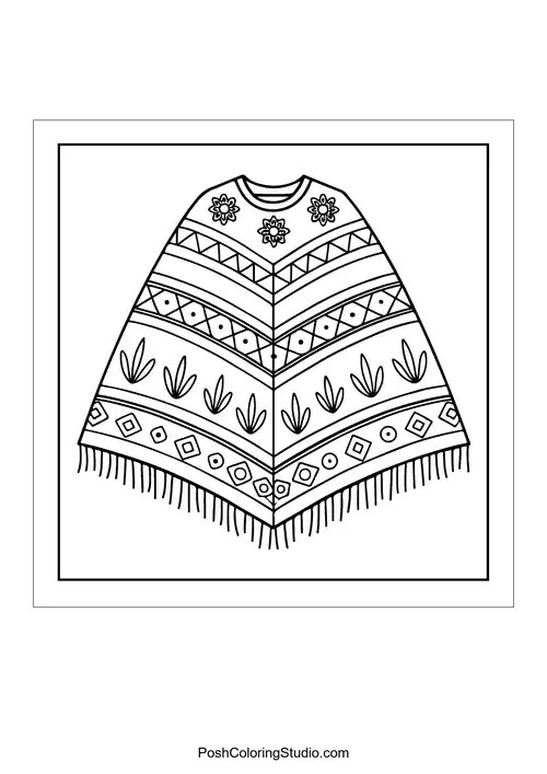 A poncho with intricate patterns and fringe details.
