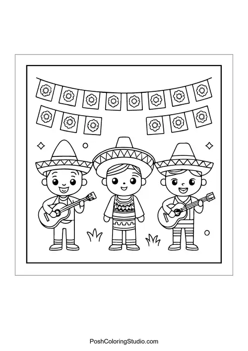 Three children in sombreros playing guitars together.