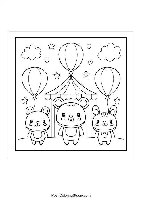 Three bears with balloons in front of a circus tent.