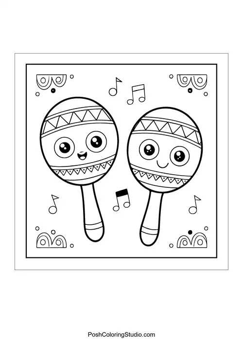Two maracas with smiling faces and musical notes around.