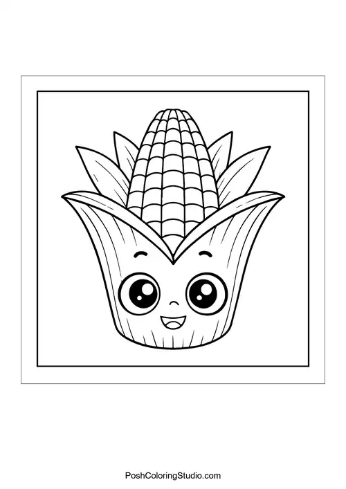 A smiling corn character with detailed kernels.