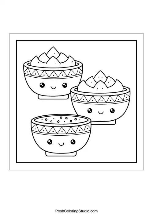 Three bowls of dessert with smiling faces.
