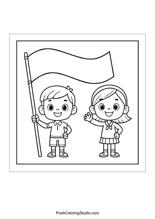Two children waving a flag and smiling.