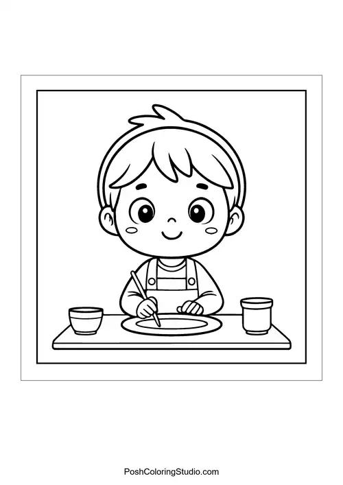 A boy painting at a table with art supplies.