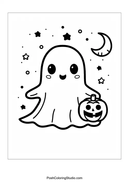 A ghost holding a pumpkin with a smiling face in the night.