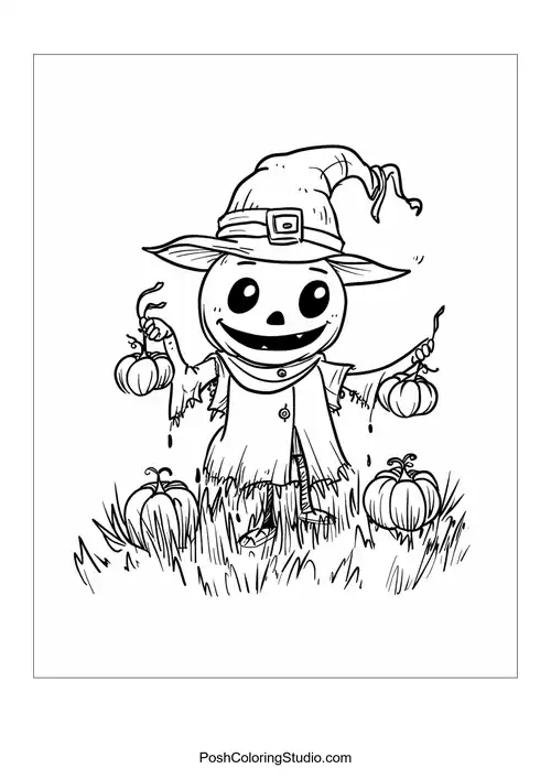 A scarecrow holding pumpkins in a grassy field.
