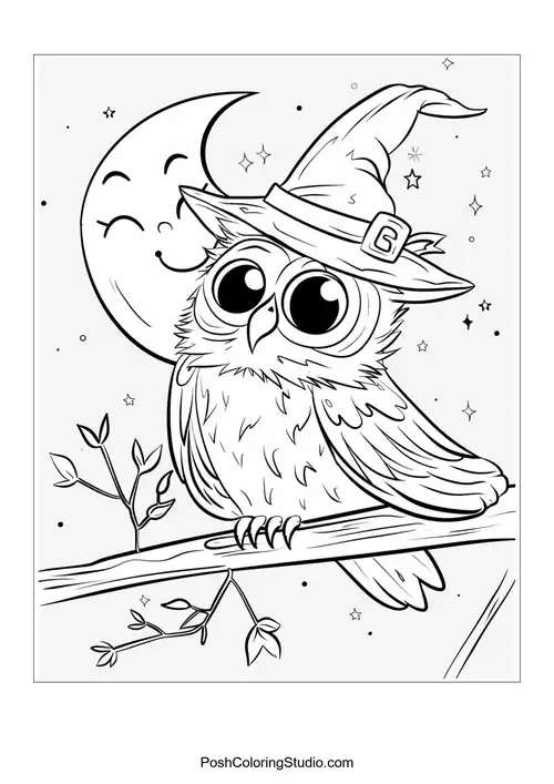 An owl with a witch's hat perched on a branch at night.